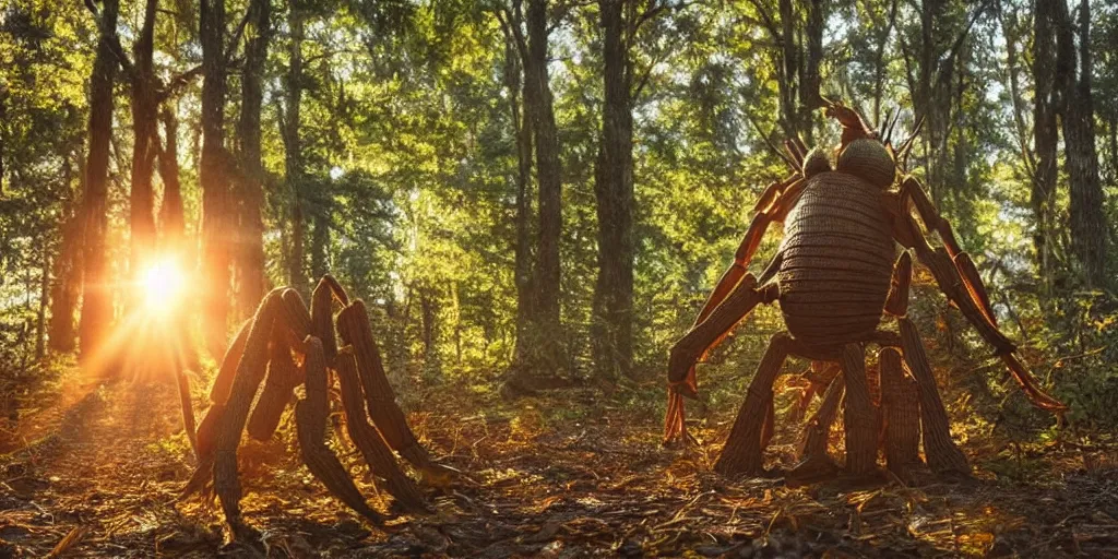 Prompt: a highly detailed giant ant god in the middle of a forest, beautiful ambient light, sun rays hitting the creature, golden hour, 8k photography