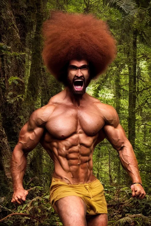 Prompt: portrait of a muscular bob ross screaming, chiseled features, beautiful flowing brown curly hair, mythological, god of nature, defined muscles, artsy photography, film photo, 4 k, model posing, deep tan skin, trending on artstation, fashion photography, yellow eyes, overgrown background, dryad, verdant forest