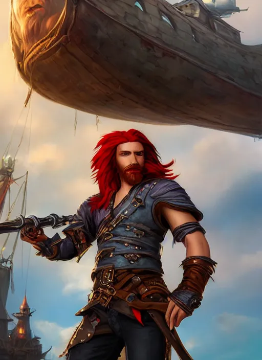 Prompt: disney style : an epic fantasy comic book style portrait painting of a long haired, red headed male sky - pirate in front of an airship in the style of disney, unreal 5, daz, hyperrealistic, octane render, cosplay, rpg portrait, dynamic lighting