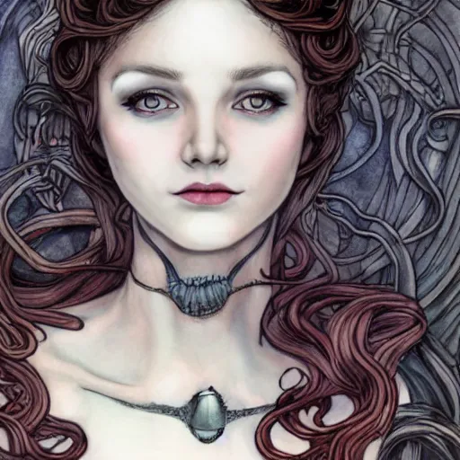 Image similar to character concept portrait of a beautiful woman with pale full face, medusa, headful of snakes, arthur rackham, blue / grey eyes, elegant, digital painting, art nouveau, smooth, focus, red glow