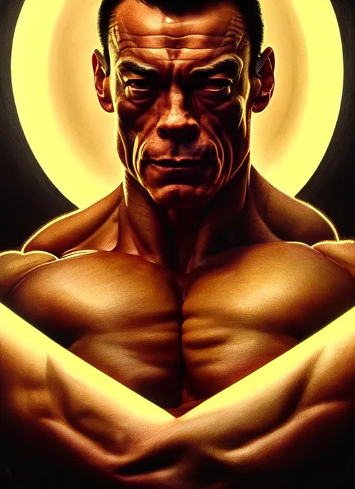 Image similar to symmetry!! portrait of jean claude van damme, cottagecore!! fitness body, glowing lights!! intricate, elegant, highly detailed, digital painting, artstation, concept art, smooth, sharp focus, illustration, art by artgerm and greg rutkowski and alphonse mucha