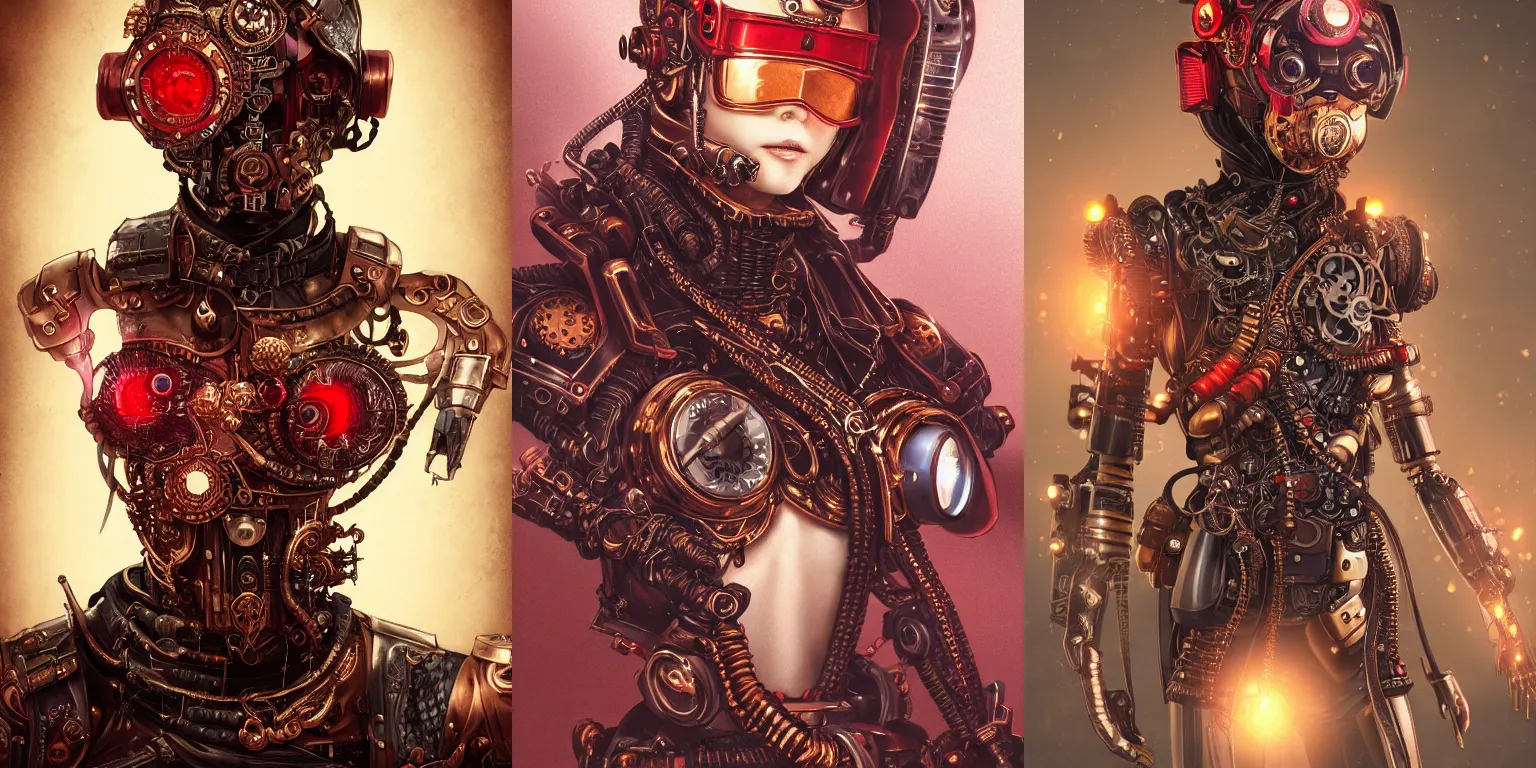 Prompt: Portrait of a steampunk sci-fi cyborg ninja, third person, D&D, sci-fi fantasy, intricate, red and gold, highly detailed, art by Range Murata, highly detailed, 3d, octane render, bright colors, digital painting, trending on artstation, sharp focus, illustration style of Stanley Artgerm,