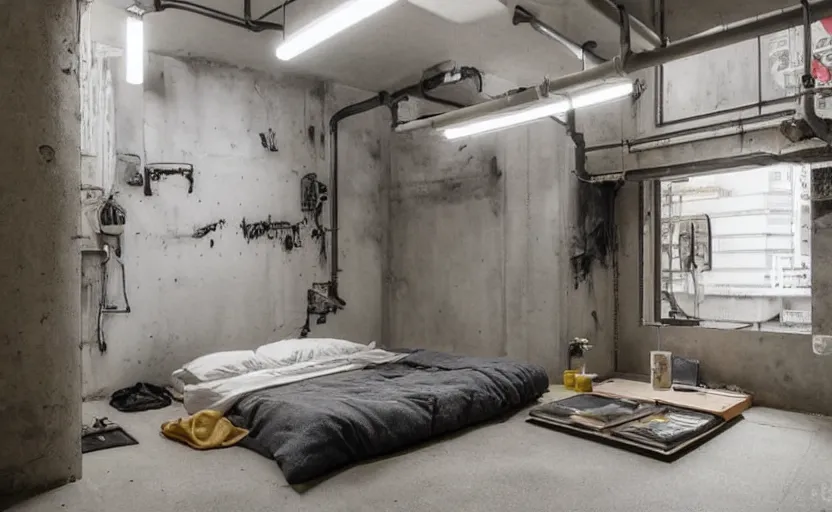 Image similar to akihabara bedroom interior, concrete, punk, bed, neon japanese lights, modernism, white, beige, black, minimalism, industrial, pipes, rust, little windows, plants, retro futurism, cyberpunk