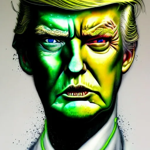 Prompt: a demon slayer portrait of donald trump, tall, pale - skinned, and slender with lime green eyes and long eyelashes by stanley artgerm, tom bagshaw, arthur adams, carne griffiths, trending on deviant art, street art, face enhance, chillwave, maximalist, full of color, glittering