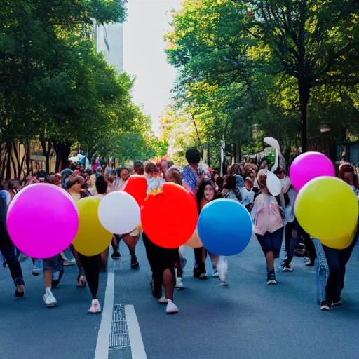 Image similar to A large group of people parading through the street each holding balloons, calm afternoon, natural lighting.