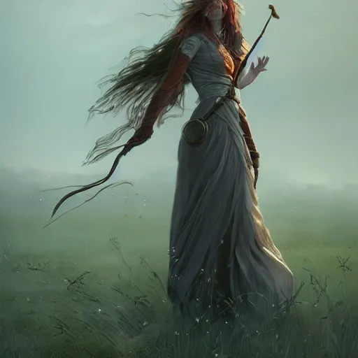 Prompt: a woman with long hair and with red long dress balancing with wind on a lawn, with weeds and some trees, highly detailed, illustration, fantasy art, in the style of greg rutkowski, epic, fantasy, intricate, hyper detailed, artstation, concept art, smooth, sharp focus, ray tracing