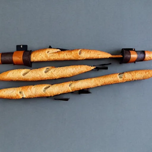 Prompt: attack helicopter made out of bread firing baguettes