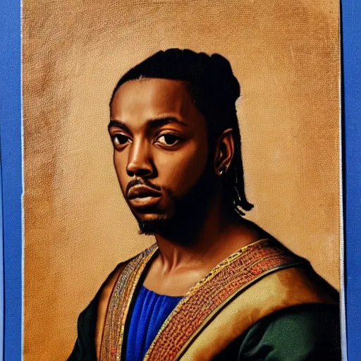 Image similar to a renaissance style portrait painting of kendrick lamar