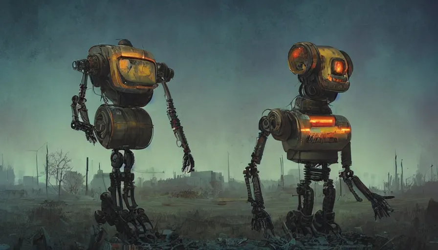 Image similar to a digital art portrait of post apocalyptic warhammer robot by Simon Stalenhag, rusty scrap four arms android character design, character sheet, 4k, ultra detail, volumetric lighting, unreal engine, octane render