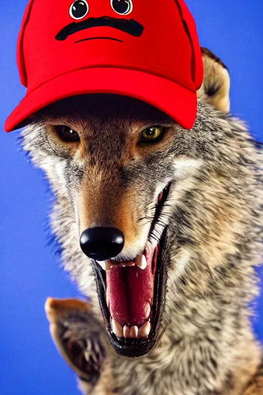 Image similar to a portrait of a stoner anthropomorphic male coyote wearing a red baseball cap and blue t - shirt, furry art, photo, hd, cinematic