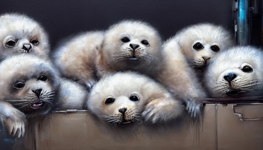 Image similar to highly detailed painting of furry white baby seals cuddled up in a cardboard box in a dystopian cyberpunk street by william turner, thick brush strokes and visible paint layers, 4 k resolution, retrowave colour scheme