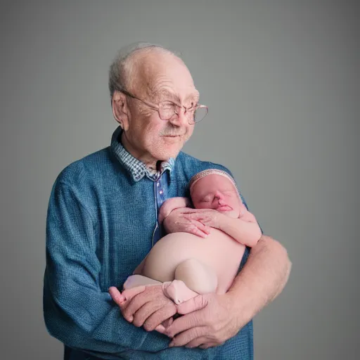 Image similar to beautiful photography of a old man as newborn, pastel colors, hyper realistic, 8 0 mm, studio lighting