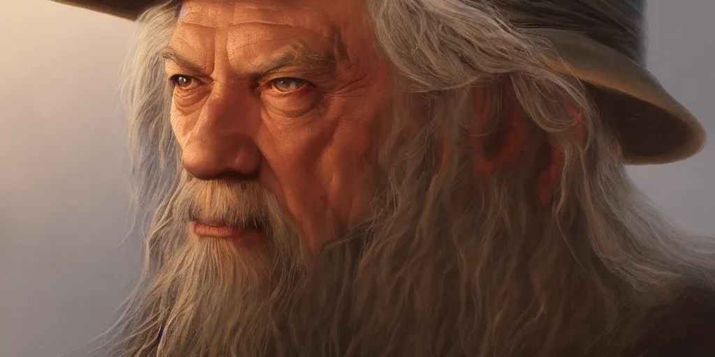 Image similar to Gandalf portrait, golden hour, rim lighting, detailed matte painting, cinematic, Alan Lee, Artstation