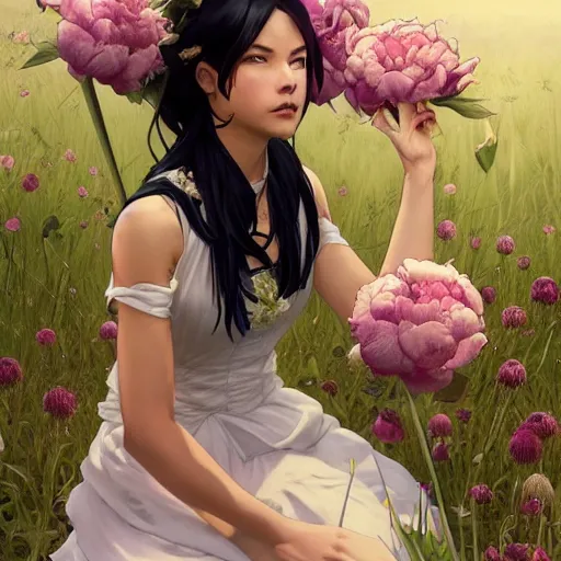 Prompt: cassandra cain in a wedding dress, sitting in a meadow full of peony flowers, cg animation, riot entertainment, arcane, realistic, character select portrait, by artgerm, greg rutkowski, alphonse mucha, 3 d