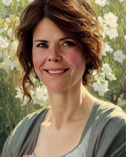 Prompt: a portrait painting of sabrina lloyd / nicole de boer / maura tierney hybrid oil painting, gentle expression, smiling, elegant clothing, scenic background, extremely detailed and lifelike, artgerm, greg rutkowski, alphonse mucha, vladimir volegov, adolphe bouguereaum, greg hildebrandt
