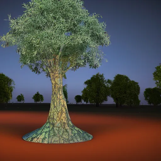 Image similar to a beautiful tree, religious delusion communities and cults the next few minutes, four light that had been released sculpture, structure, ray trace 4 k