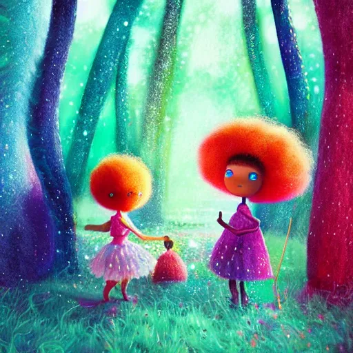 Prompt: a black girl with a colorful afro in a candy forest at night, bokeh, bright colours, watercolor, volumetric wool felting, macro photography, children illustration, by goro fujita