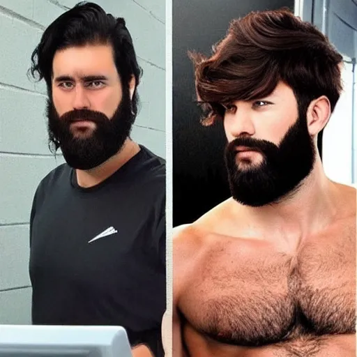 Image similar to a chad with wavy black hair and a beard. muscular. godlike. using a computer.