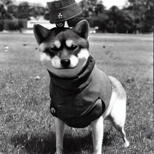 Prompt: An archival photo of a shiba inu wearing a soldier's helmet in the Vietnam War, 1970s