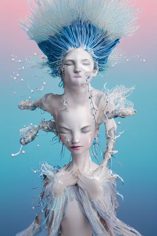 Image similar to an epic non - binary model, subject made of white melting porcelain, mesh headdress, flowing dress, with cerulean and pastel pink bubbles bursting out, delicate, beautiful, intricate, melting into ninetails, houdini sidefx, by jeremy mann and ilya kuvshinov, jamie hewlett and ayami kojima, trending on artstation, bold 3 d