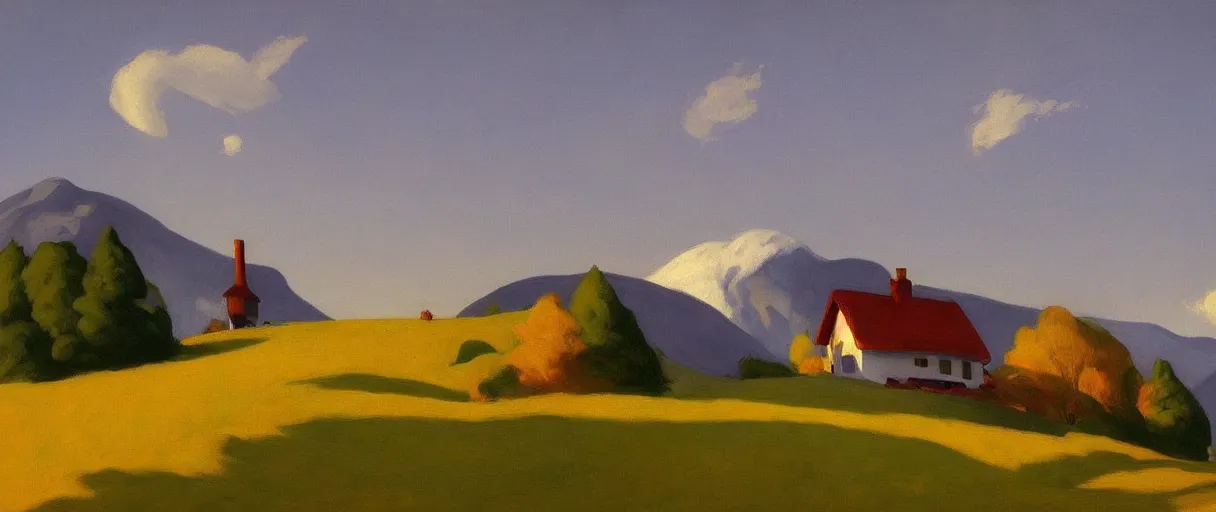 Image similar to an alpine landscape with a cottage, smokey chimney, fall, by edward hopper, new artstation artist,