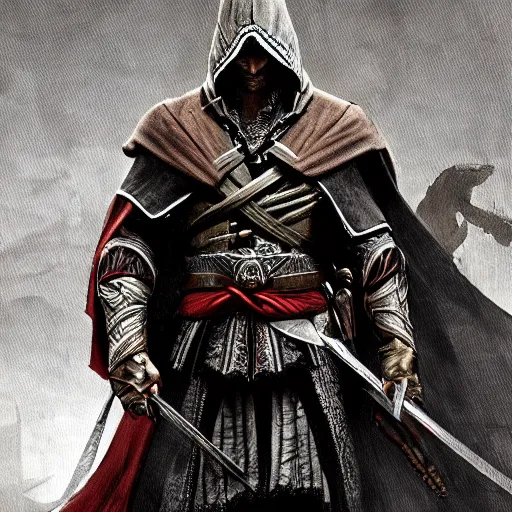 Image similar to an ultra detailed vector image of ezio auditore dressed as the hunter from bloodborne, concept art by alphonse mucha and greg rutkowski, praise the blood moon, octane render, liminal space