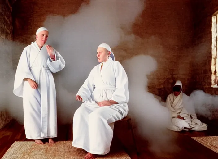 Prompt: realistic photo of a two medieval female monks scientists wearing white cotton robes, doing an experiment with a cloud, living room interior is made of wood 1 9 9 0, life magazine reportage photo, natural colors