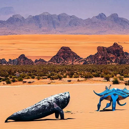 Image similar to 🐋🦖🤖🐉👽🐳 in desert, photography by bussiere rutkowski andreas roch