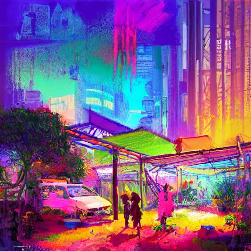 Image similar to acrylic painting, impressionism and expressionism, bold pastel colors. hippie bohemian encampment with a tie - dye tents and a garden. cyberpunk art by liam wong, cgsociety, panfuturism, cityscape, utopian art, anime aesthetic