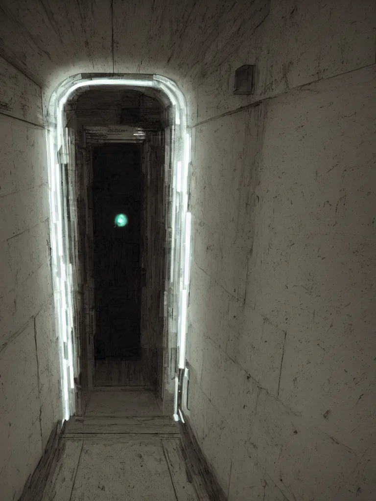 Image similar to a door at the end of a long dark corridor, futuristic, neon,