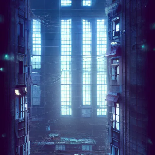 Image similar to One dilapidated building with only one window glowing. ArtStation, Cyberpunk, Vertical Symmetry, 8K, Highly Detailed, Intricate, Album Art.