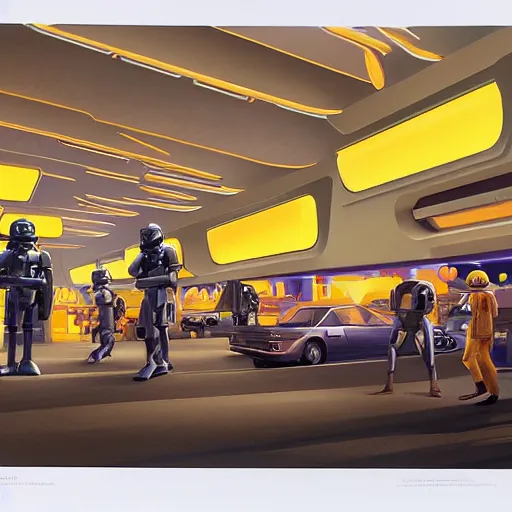 Image similar to intricately detailed ralph mcquarrie concept art of a futuristic mcdonalds with the golden arches displayed. a space station is seen off in the distance with various droids and people walking in the foreground. a trooper is seen holding a brown mcdonalds bag.