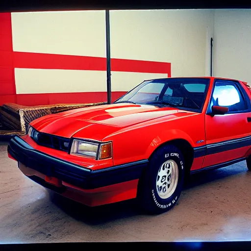 Prompt: 1985 Fox Body Mustang inside of an auto dealership, ektachrome photograph, volumetric lighting, f8 aperture, cinematic Eastman 5384 film