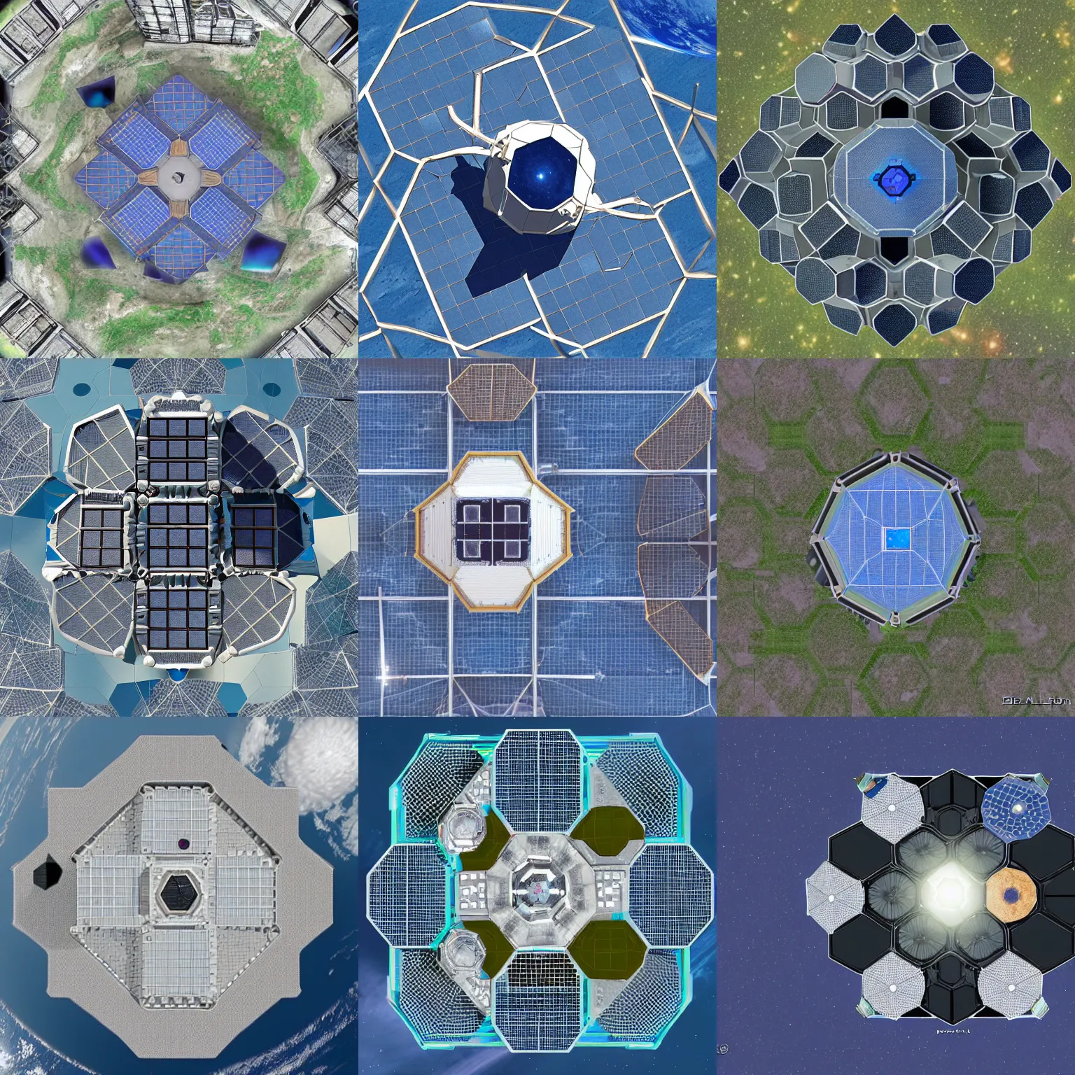 Prompt: six sided, hexagonal planetary space station, seen from above, by pail chadeisson
