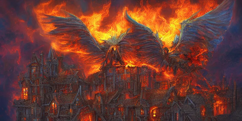 Image similar to roof on fire, fantasy art in the style of Anne Stokes, digital art, with lots of details