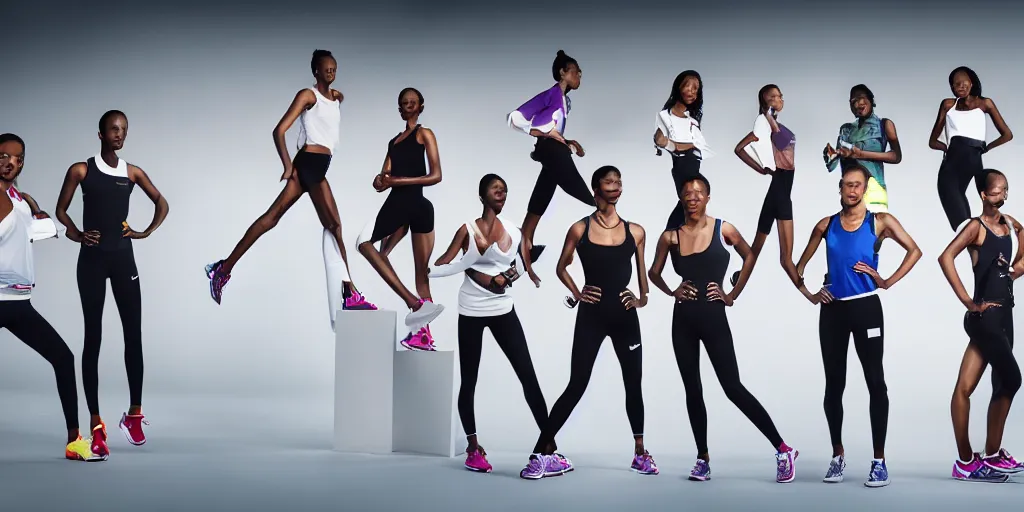 Image similar to High Fashion Tones, Studio Photograph of starting line of many diverse marathon runners. multiple skintones. Frontal. Sports Advertising Campaign. Wide shot. Fashion Studio lighting. White background.