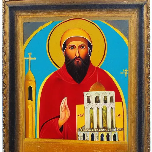 Image similar to habib rieziq shihab as saint with orthodox church styles painting,oil paint