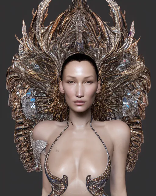 Image similar to a highly detailed metahuman 4 k close up render of a bella hadid as archangel monument renaissance in iris van herpen dress schiaparelli in diamonds crystals swarovski and jewelry iridescent in style of alphonse mucha gustav klimt trending on artstation made in unreal engine 4