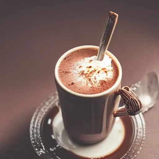 Prompt: food photography of hot chocolate drink in tall glass with cream on top and cocoa powder, canon macro lens, moody lighting, hdr