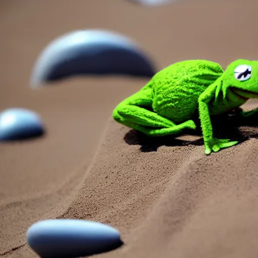 Image similar to Kermit the frog tanning on the beach photo 4k model hd