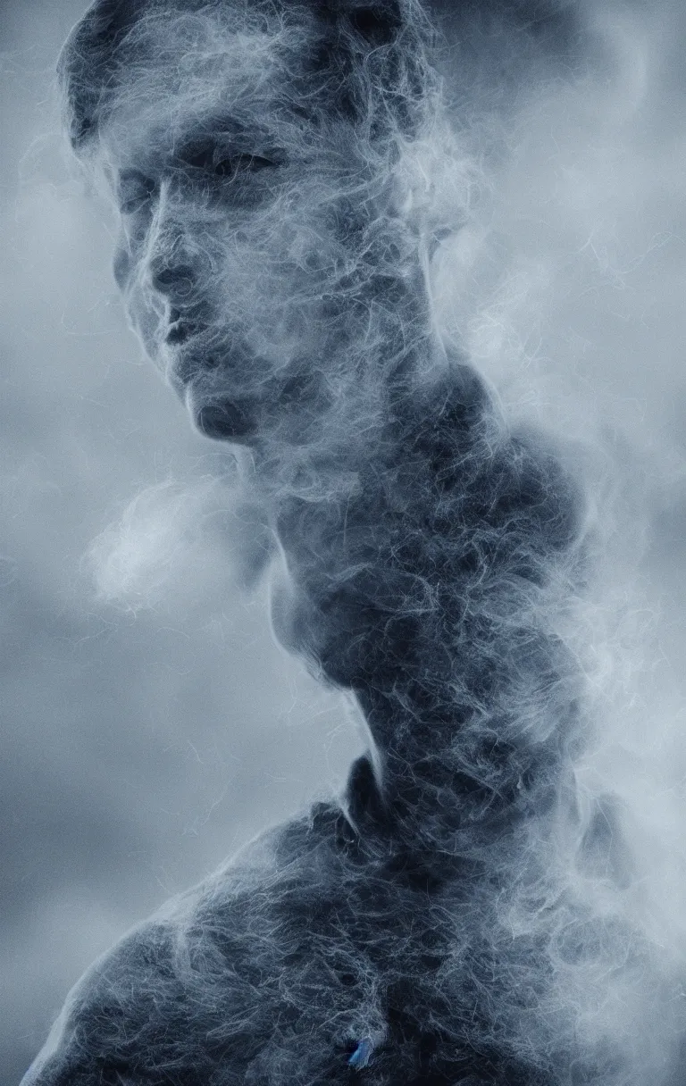 Prompt: portrait ghostly male figure, made of white and black smoke, warm light from behind, cinematic, hyper realistic, hyper detailed, octane render, blue eyes, 8K,