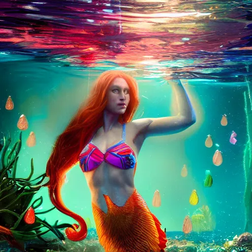 Prompt: a beautiful full body portrait of a swimming mermaid, half woman half betta fish, surrounded by colorful jellyfishes by James C Christensen, underwater, cinematic lighting, 4K, octane render, deviantart, wide angle