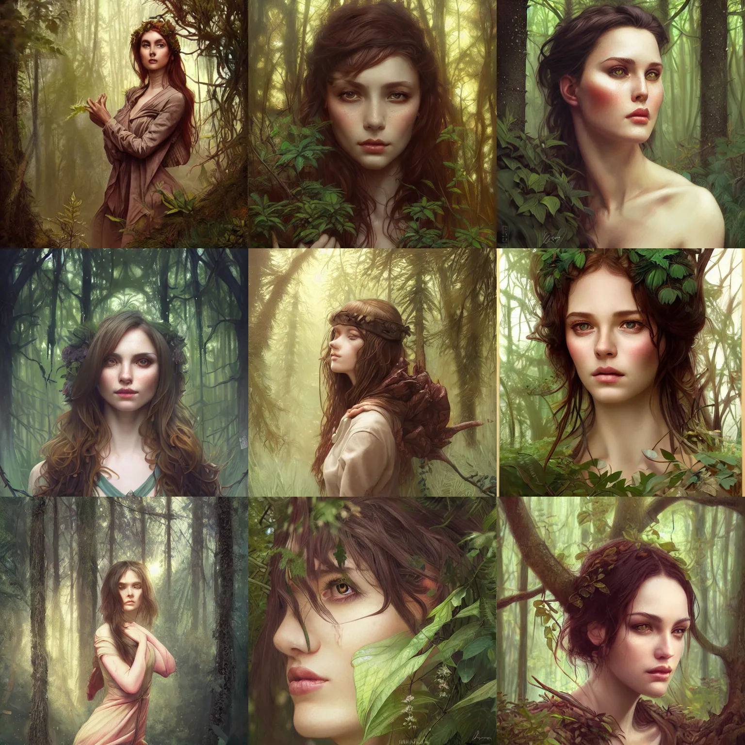 Prompt: a woman in a forest, portrait, headshot, highly detailed, headshot, digital painting, trending on artstation, concept art, sharp focus, illustration, art by artgerm and tom bagshaw and wlop and alphonse mucha