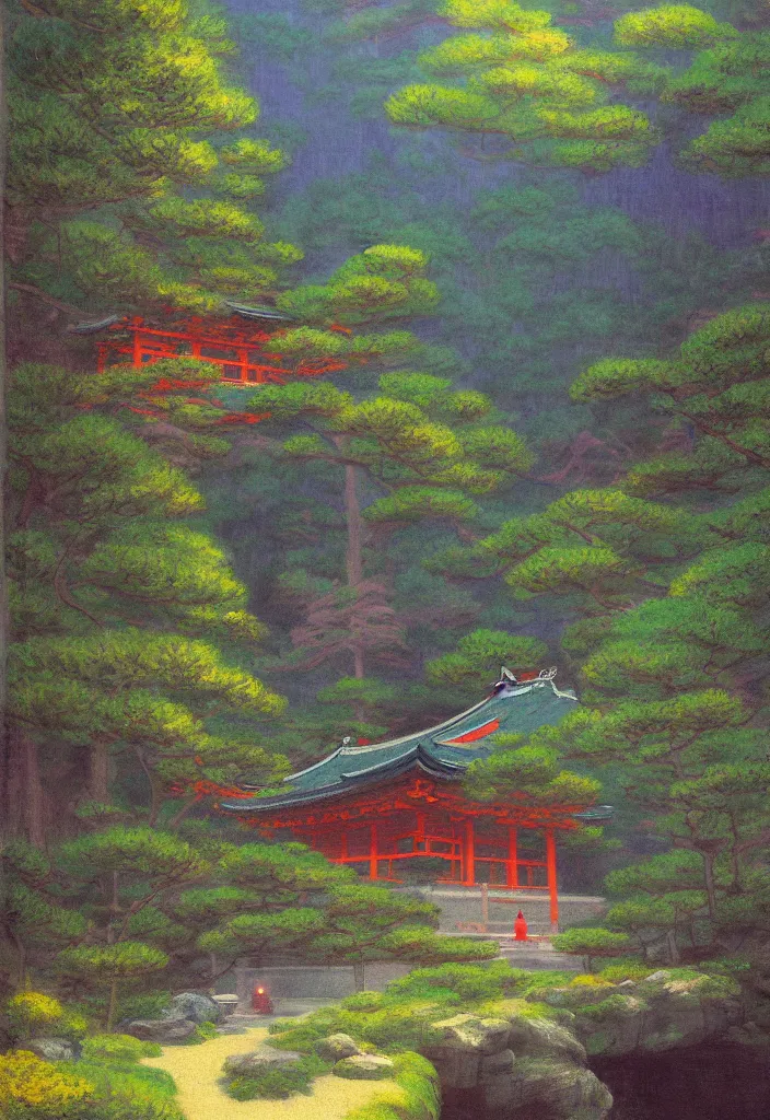 Image similar to a japanese temple in the mountain. gorgeous epic nature. yokai walking around, lofi, vivid colors, amazing light, by jeremy lipkin, by claude monet, heavily inspired by makoto shinkai, kandinsky touches, inspired by ghibli, masterpiece, multiple brush strokes, impressionist style