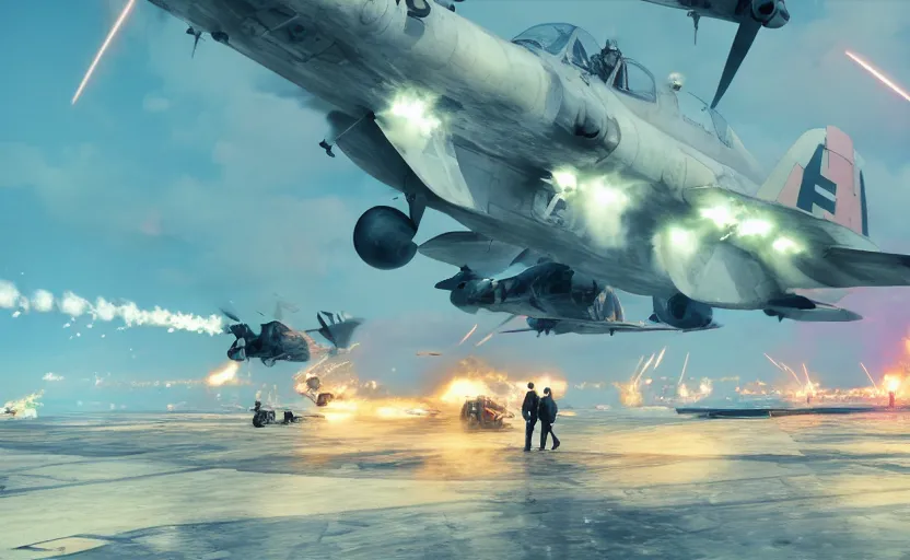 Image similar to Battle of Midway by Makoto Shinkai, cyborgs, beeple, octane render