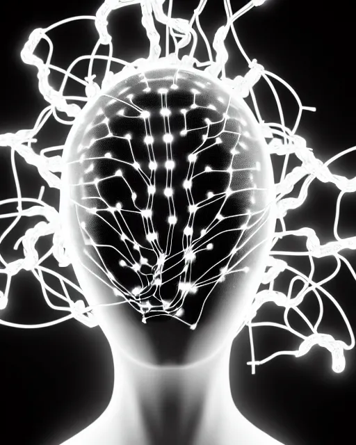 Image similar to black and white connected cyborg - plant goddess high quality photo, microchip, artificial intelligence, bio - mechanical bio - luminescence, black wired cables, neurons, nerve cells, cinematic, rim light, photo - realistic, elegant, high detail, 8 k, masterpiece, high fashion