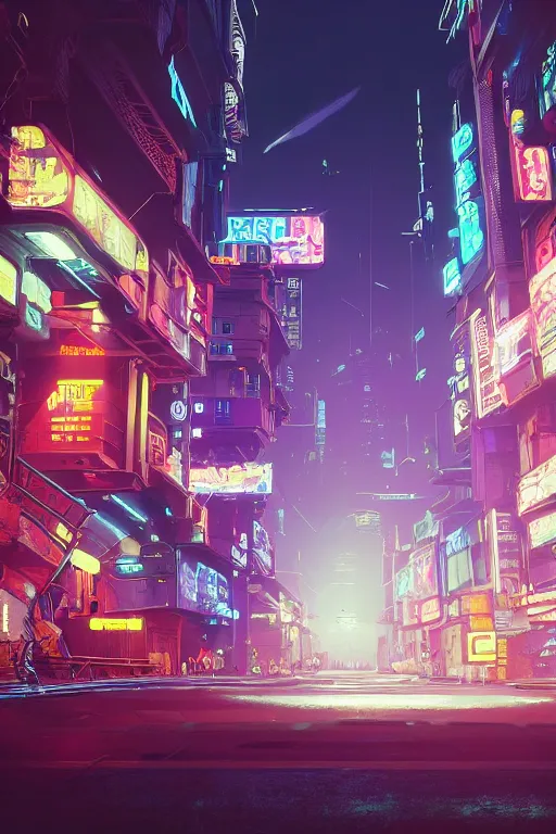 Prompt: up shot, a cyberpunk City Street with billboards and signs , rendered by simon stålenhag, rendered by Beeple, Makoto Shinkai, syd meade, environment concept, digital art, starwars, raphael lacoste, eddie mendoza, alex ross, concept art, cinematic lighting, , unreal engine, 3 point perspective, WLOP, trending on artstation, low level, 4K UHD image, octane render,