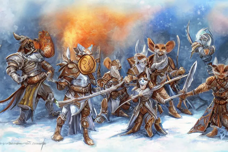 Image similar to dungeons and dragons fantasy painting, close order phalanx of mice spartans, 3 0 0, whimsical and cute, determined expressions, watery blue eyes, anime inspired, white fur, tufty whiskers, steel blades, dawn lighting, at thermopolae