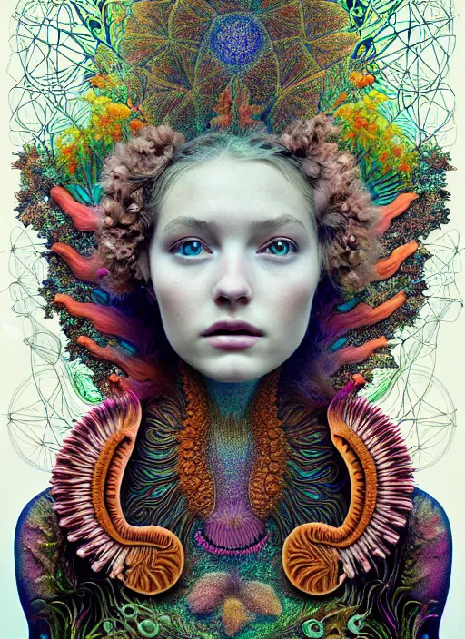 Prompt: ridiculously beautiful young woman tripping, psychedelics, forest creatures, symmetrical, in the style of ernst haeckel, effervescent, warm, hyperrealism, photo realistic, epic and cinematic,