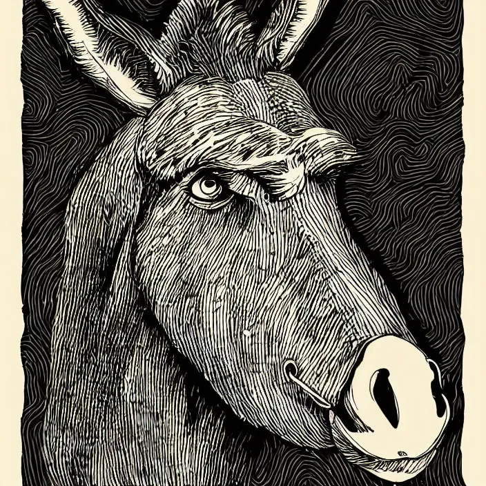 Image similar to horror poster of an evil donkey, dark atmosphere, minimalist, intricate linework, sharp focus, smooth, dramatic lighting, 8 k